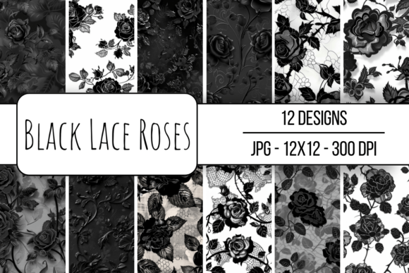 Black Lace Roses Seamless Pattern: 12 Digital Backgrounds