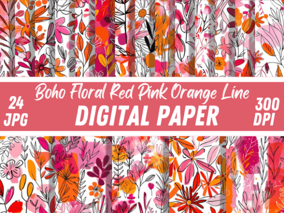 Boho Floral Red Pink Orange Line Pattern: A Versatile Digital Asset for Creative Projects