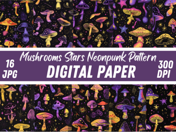 Neon Funky Fantasy Mushroom Star Pattern