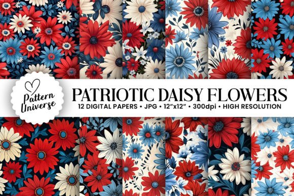 Patriotic Daisy Flowers Digital Papers
