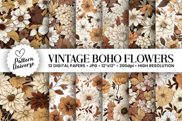 Vintage Boho Flowers Digital Papers